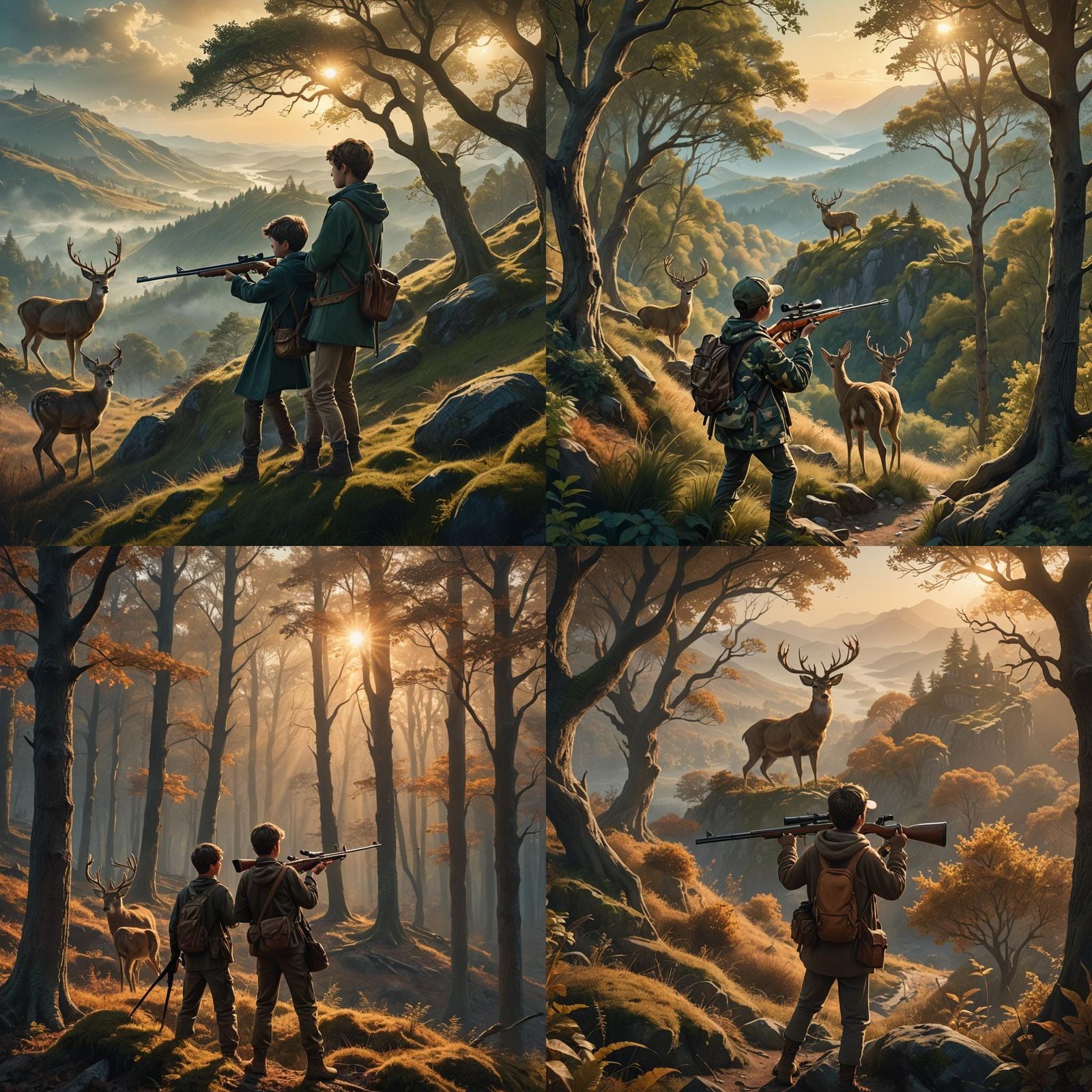 Boy Aims Rifle at Deer: Fantasy Concept Art