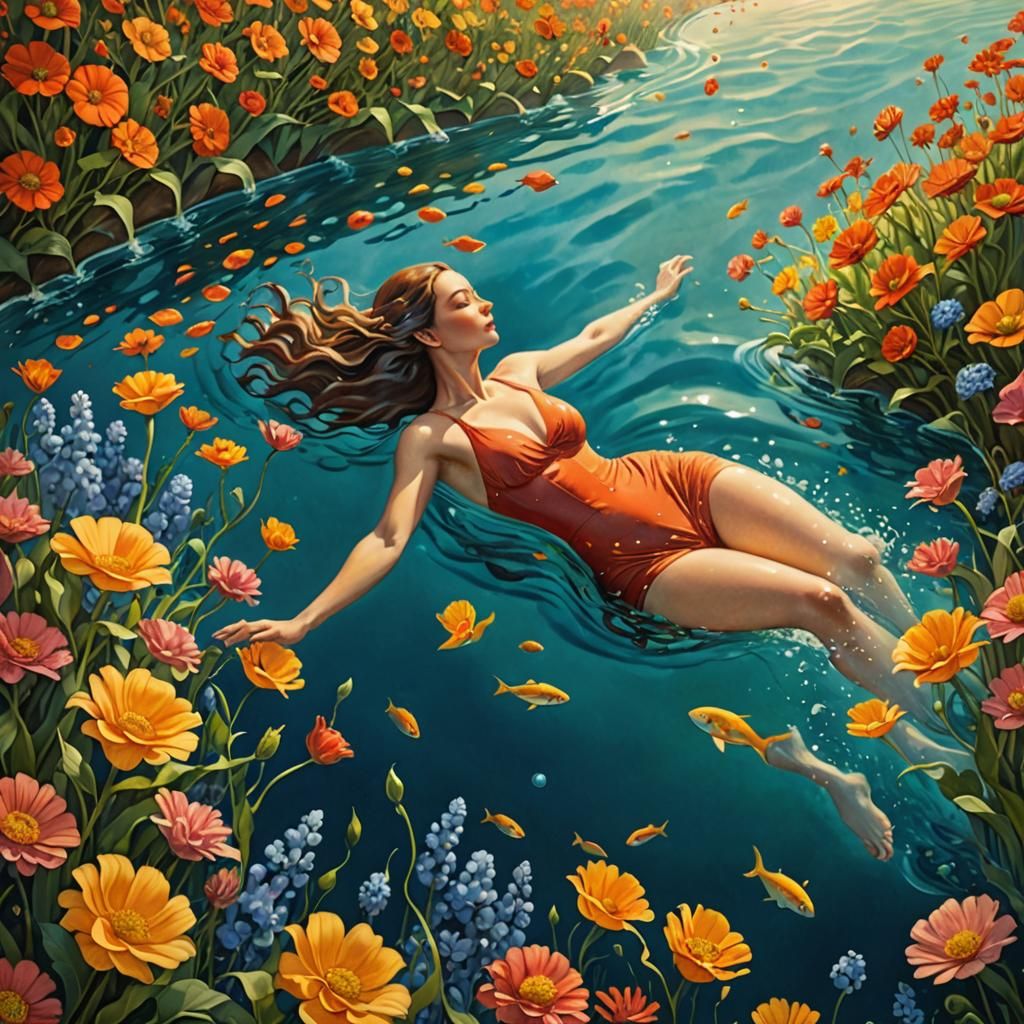 Woman Swimming in Floral Sea: Surreal Watercolor