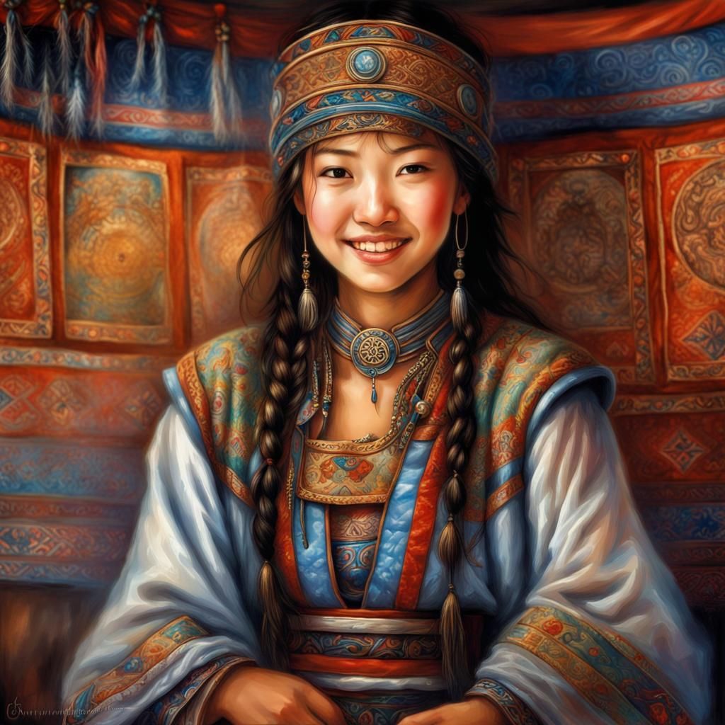 Mongolian young woman wearing an embroidered dress