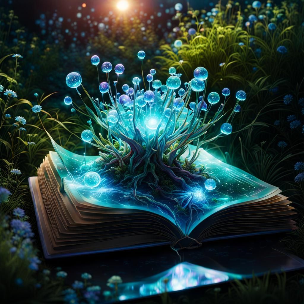 Futuristic Bioluminescent Book in Pretty Garden, Unreal Engi...