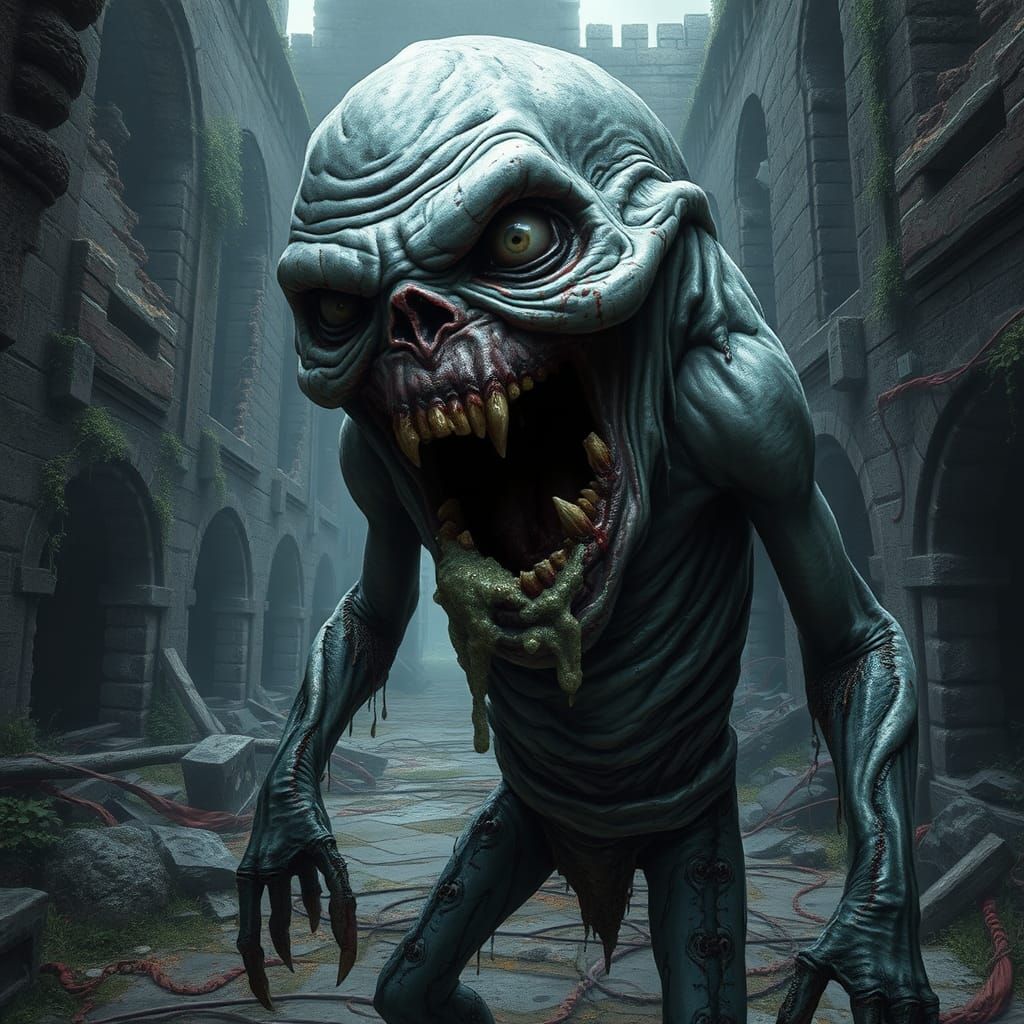Grotesque Zombie in Ruined Village: Gothic Horror