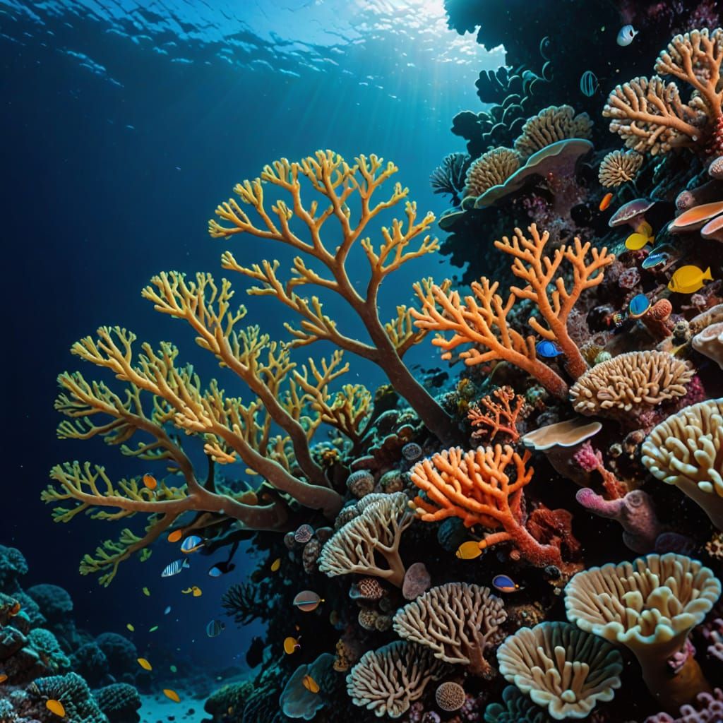 Vibrant Coral Reef Photography in a Sunlit Underwater Cave