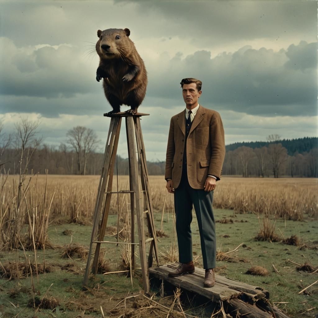 Man on Stilts Meets Beaver, Faded Polaroid Style