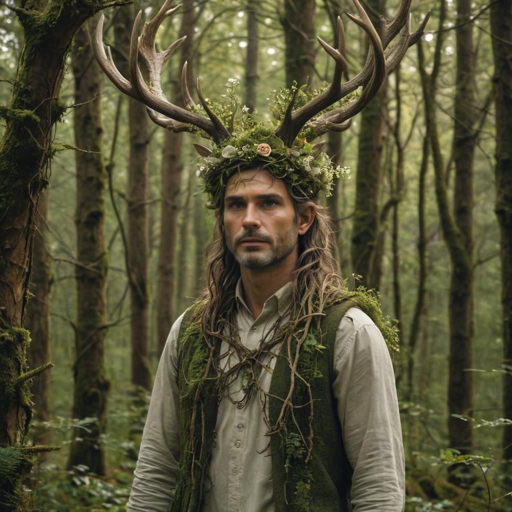 A lonesome antler man stands in a serene forest