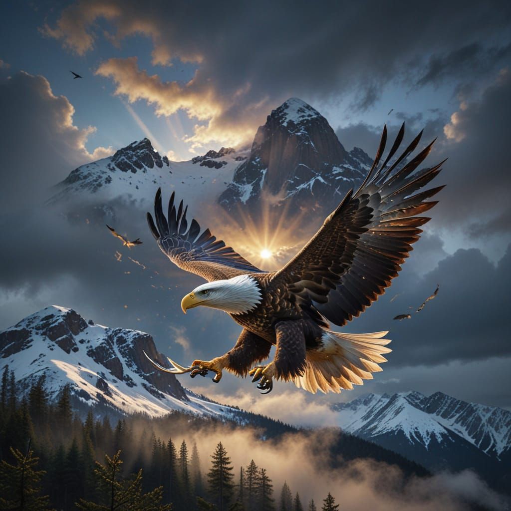 "Double exposure artwork of a soaring eagle with wings sprea...