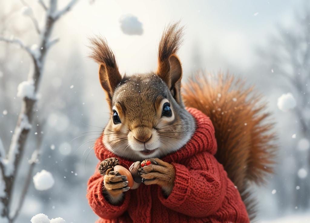 Cute Squirrel Bundled in Red Sweater in Hyper Realistic Wint...