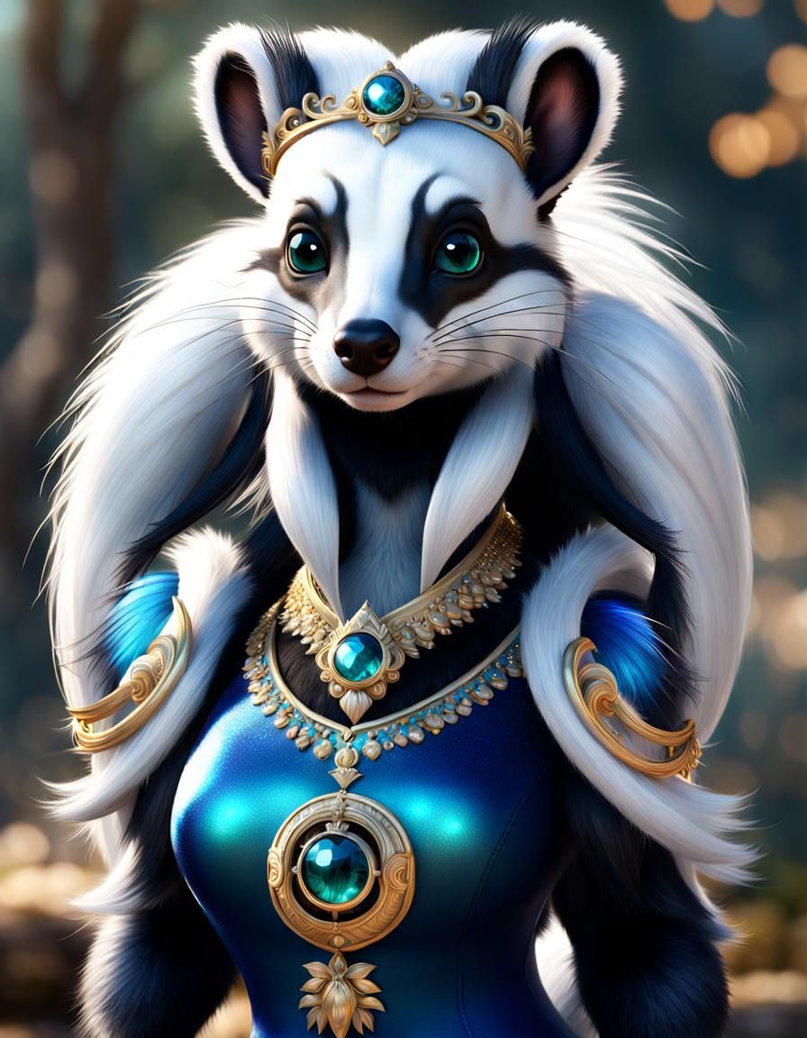 Full body detailed, an extremely beautiful furry anthropomorphic bipedal female skunk with an ornamental detailed circle...