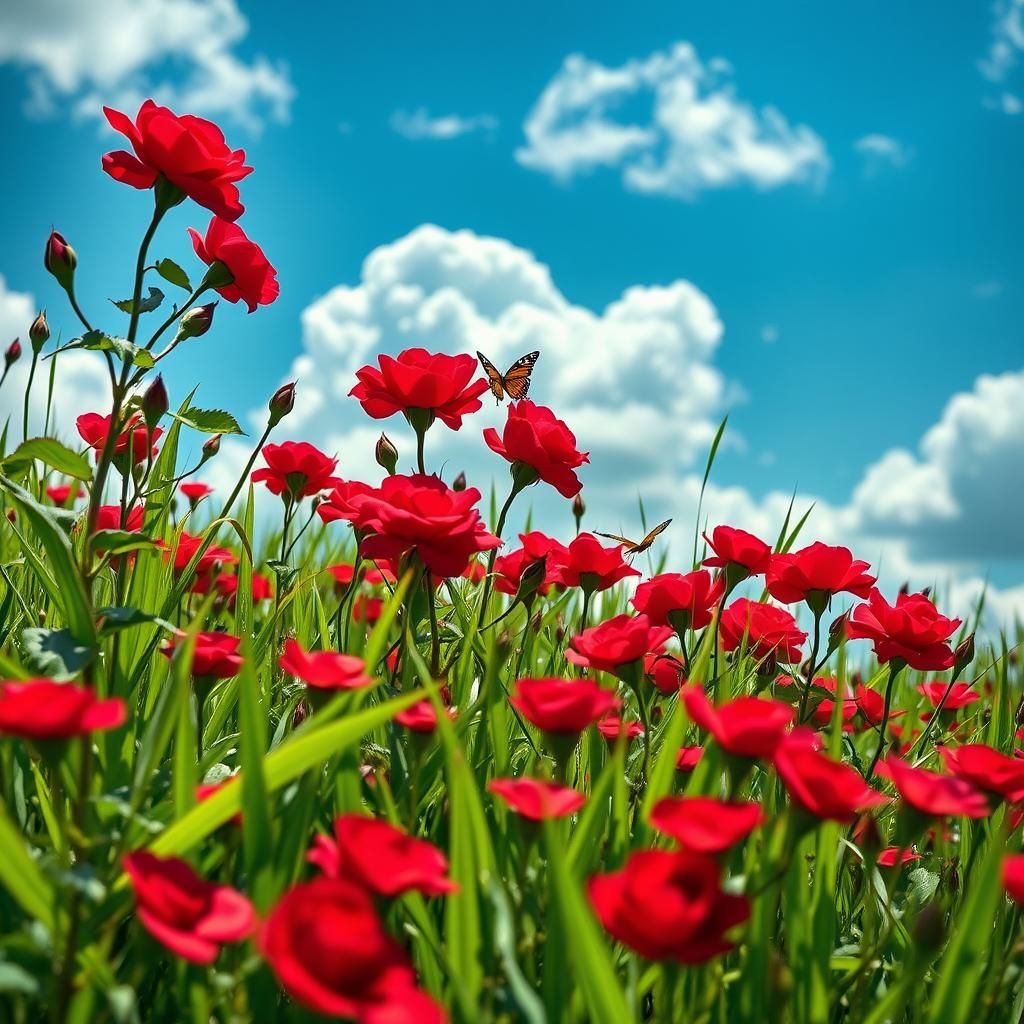 Hyperrealistic Meadow with Red Roses and Butterflies