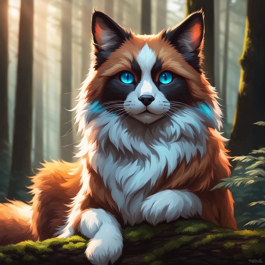 Cat-Fox Hybrid Portrait in Forest, Detailed Concept Art