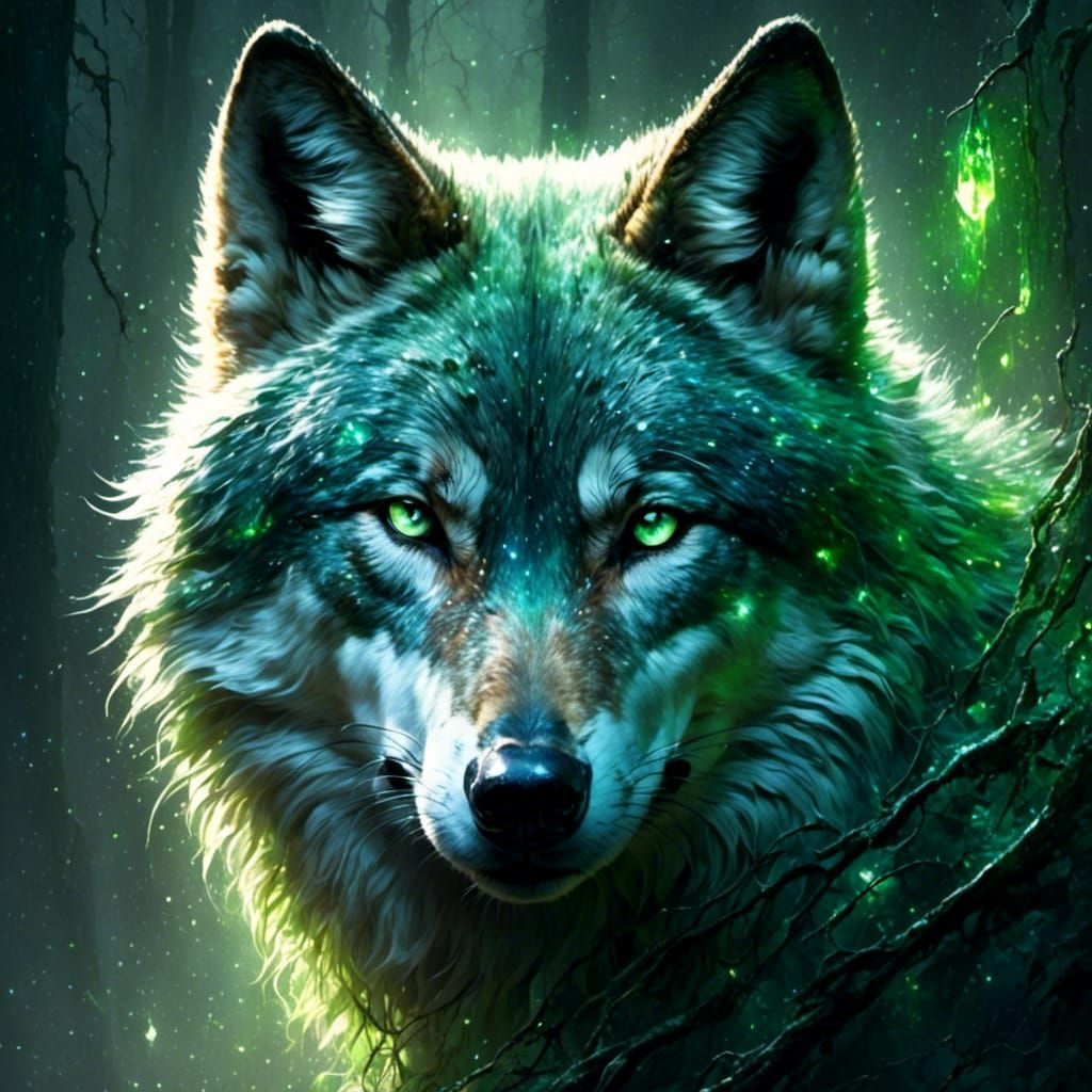 Photorealistic Grey Wolf with Green Eyes