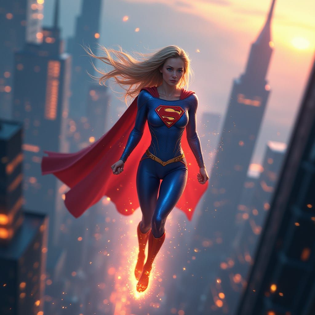 Supergirl in Iridescent Liquid Graphene Suit Soars Through F...