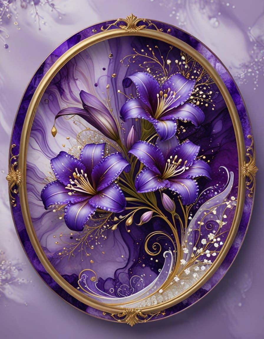 Purple Lily Alcohol Ink Art with Gold Frame