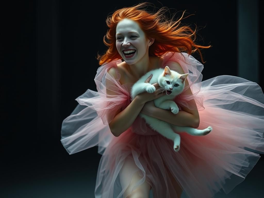 Woman Flees with Cat in Hyperrealistic Scene