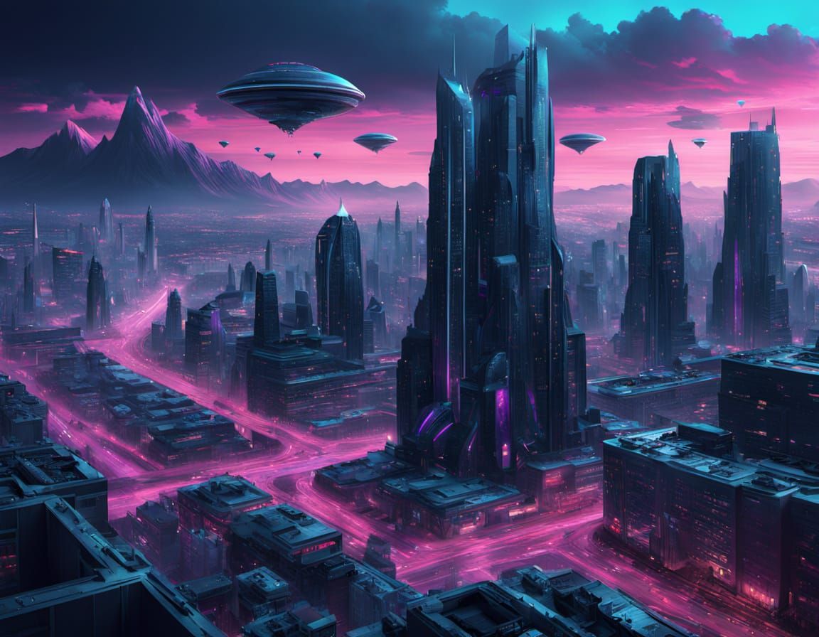 Sleek Futuristic Metropolis in Neon-Lit Digital Matte Painti...