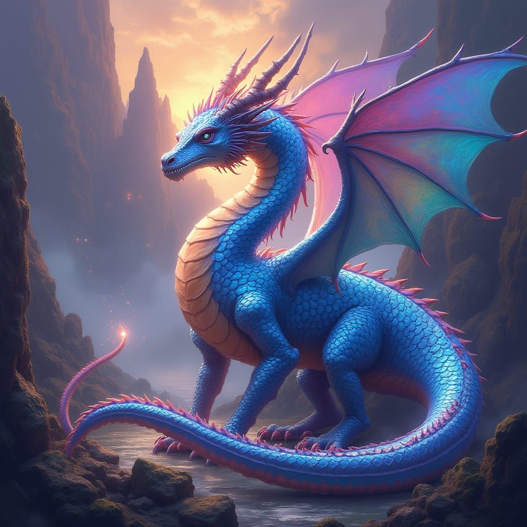 Dragon with Shimmering, Rainbow-Hued Scales in a Fantastical...