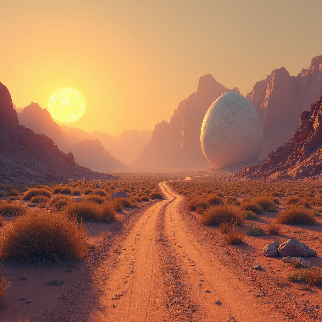 Desert Road with Hovering Egg in Sci-Fi Style