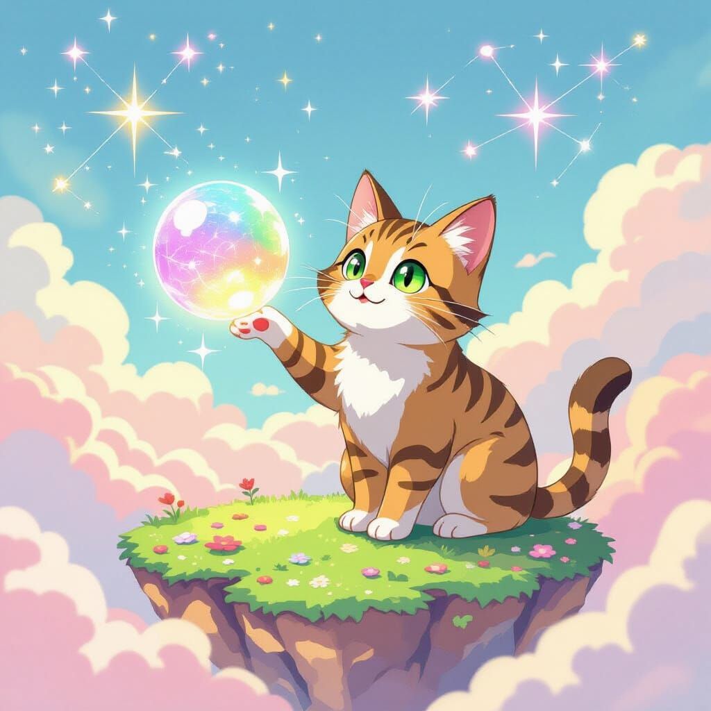Mischievous Tabby Cat Plays with Dream Orb on Floating Islan...