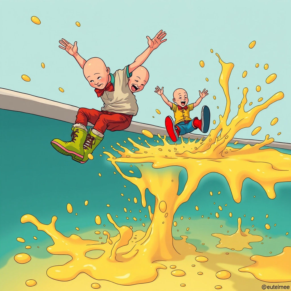 Bald Men Jump into Porridge Pool: Cartoon Style