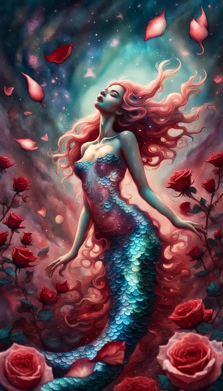 Cosmic Mermaid with Roses: Surreal Mixed Media Art