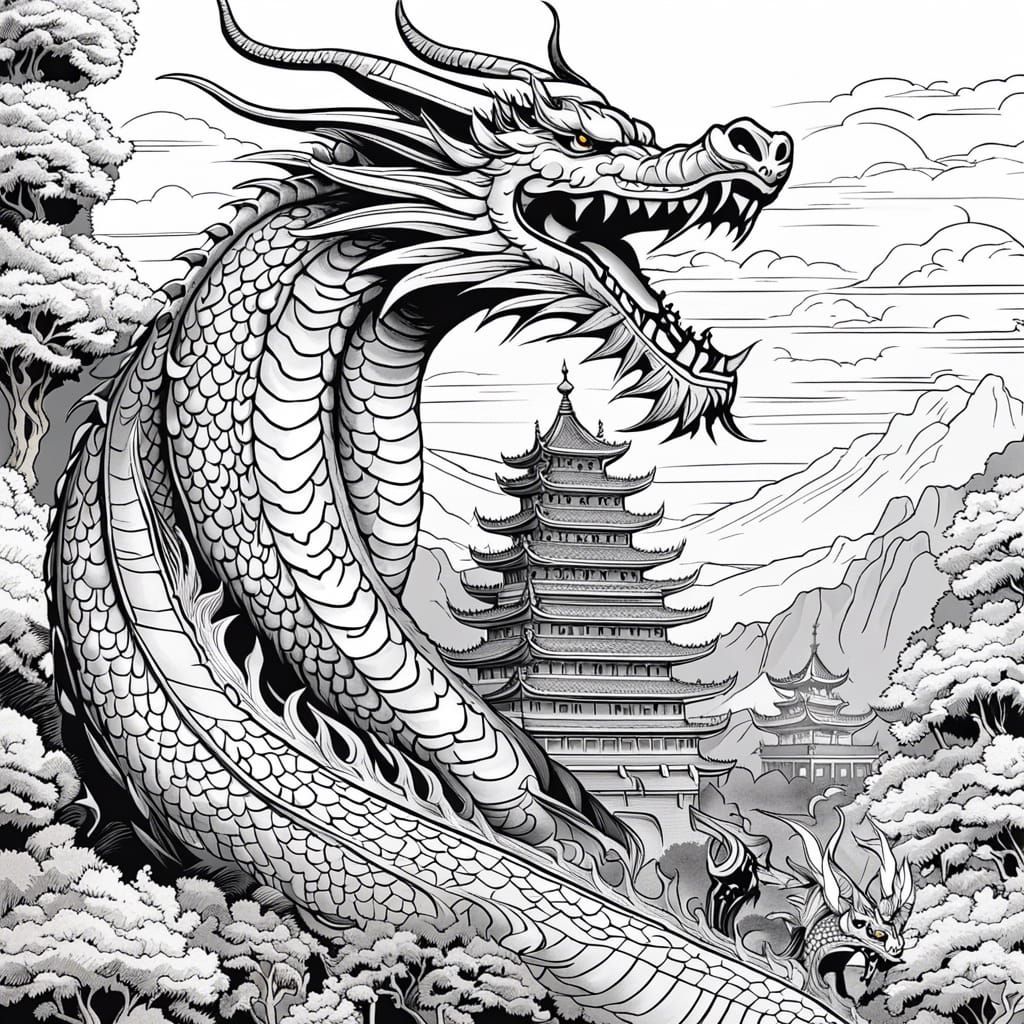 Asian Dragon Guards Tower: Black and White Line Art