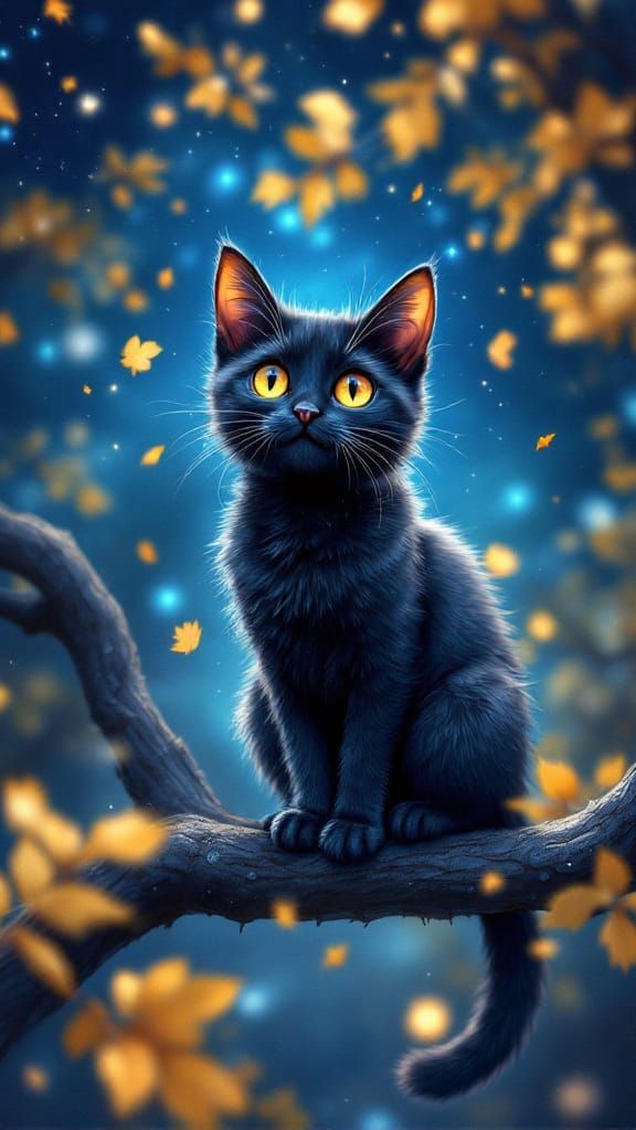 Black Cat in Enchanting Night Scene