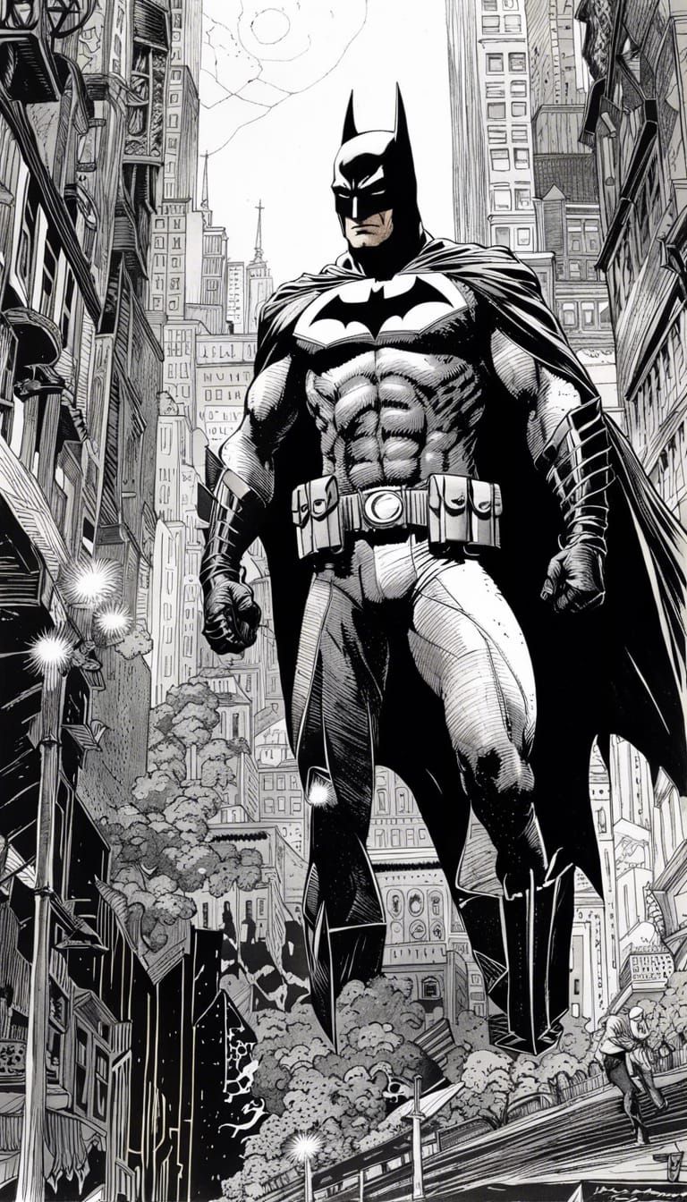 Batman in Gotham: Black and White Ink Drawing
