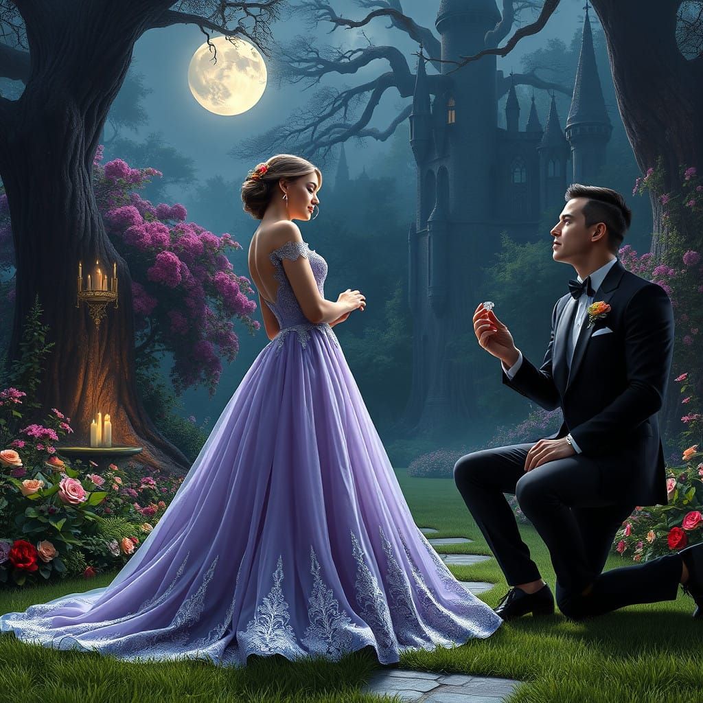 Romantic Moonlit Castle Proposal in Lavender Ball Gown and T...