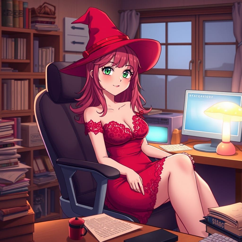 Anime-Inspired Witch in Cozy Computer Lair