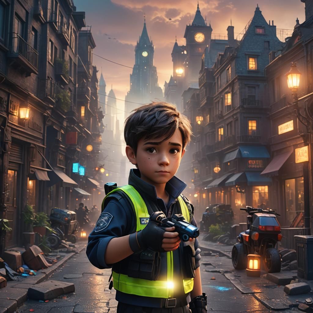 Boy with Toy in Fantasy Cityscape Matte Painting