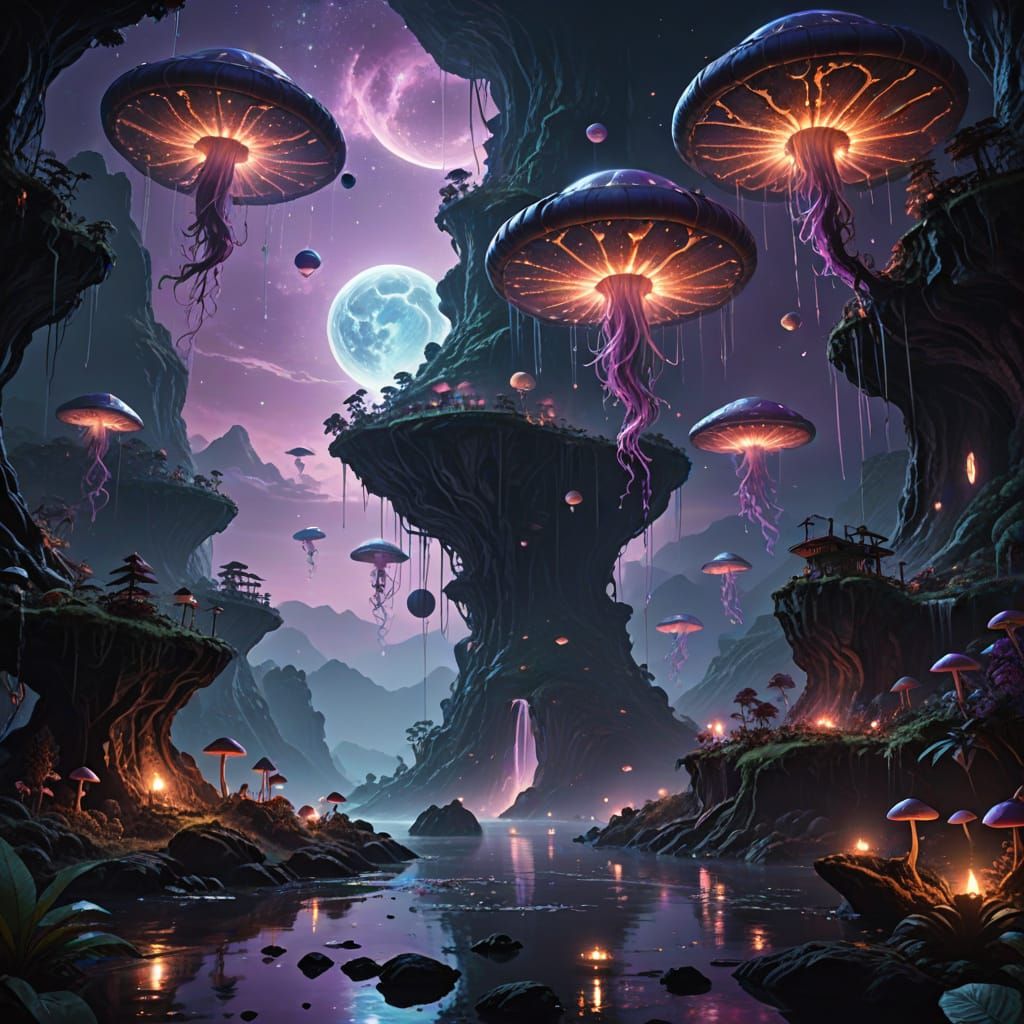 Ethereal Glowing Island in Vibrant Violet Sky