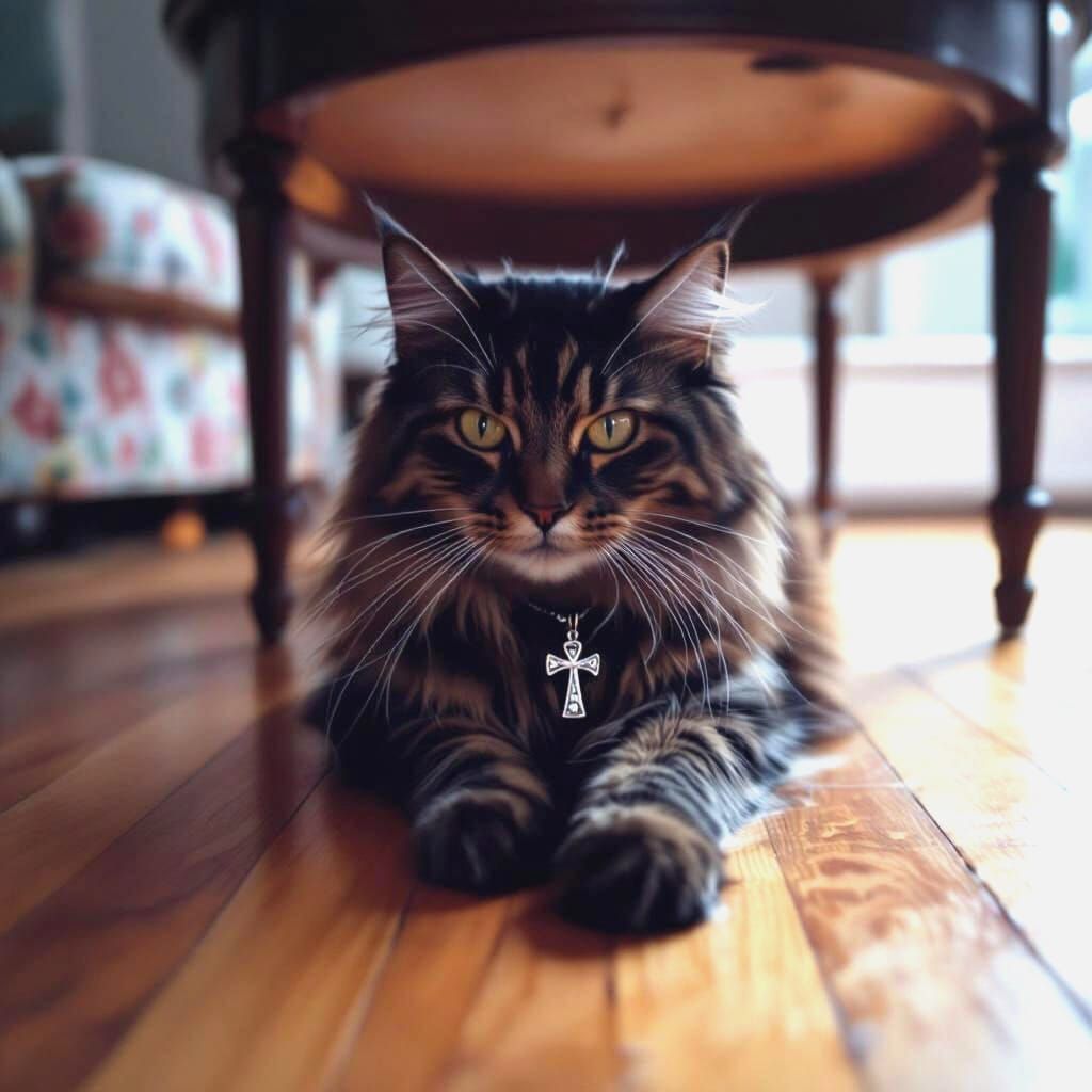 Majestic Siberian Cat with Ankh Pendant