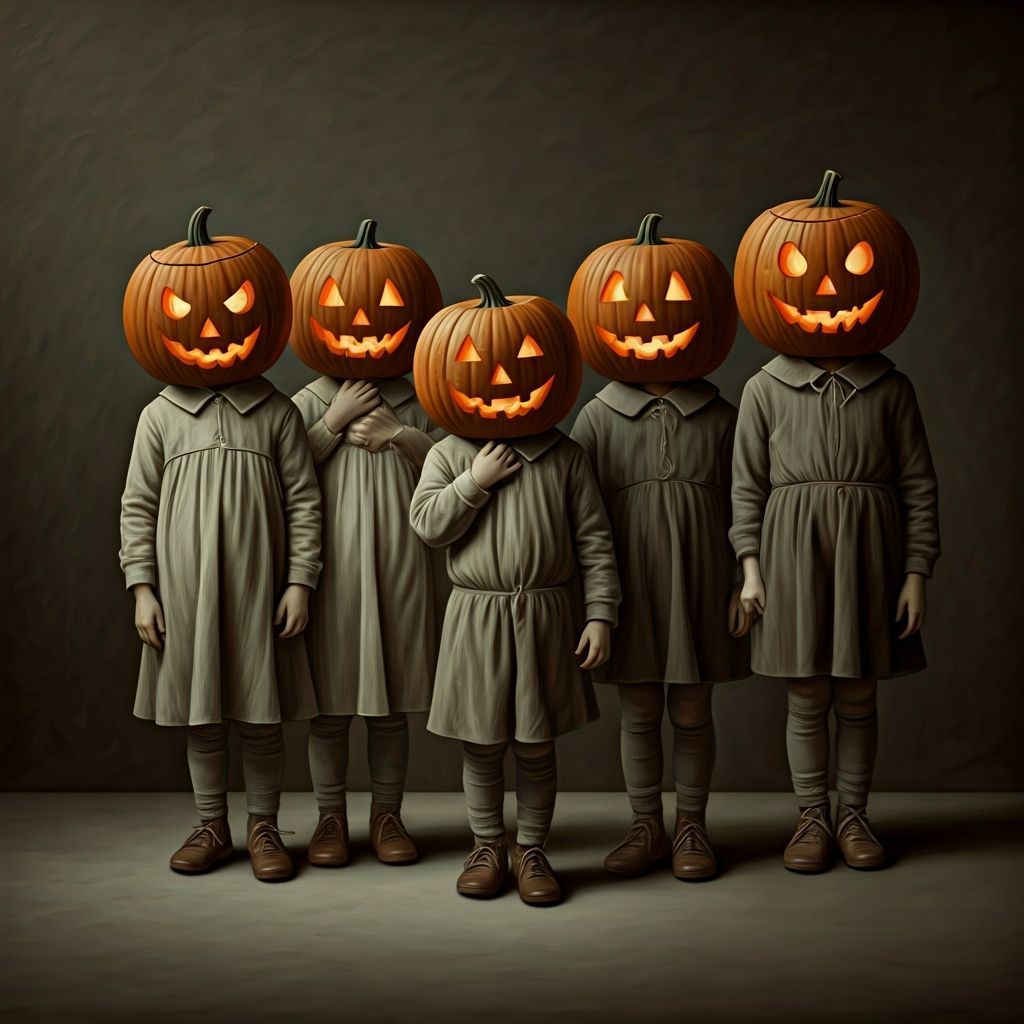 Elegant Oil Painting of Toddlers in Jack-o-Lanterns