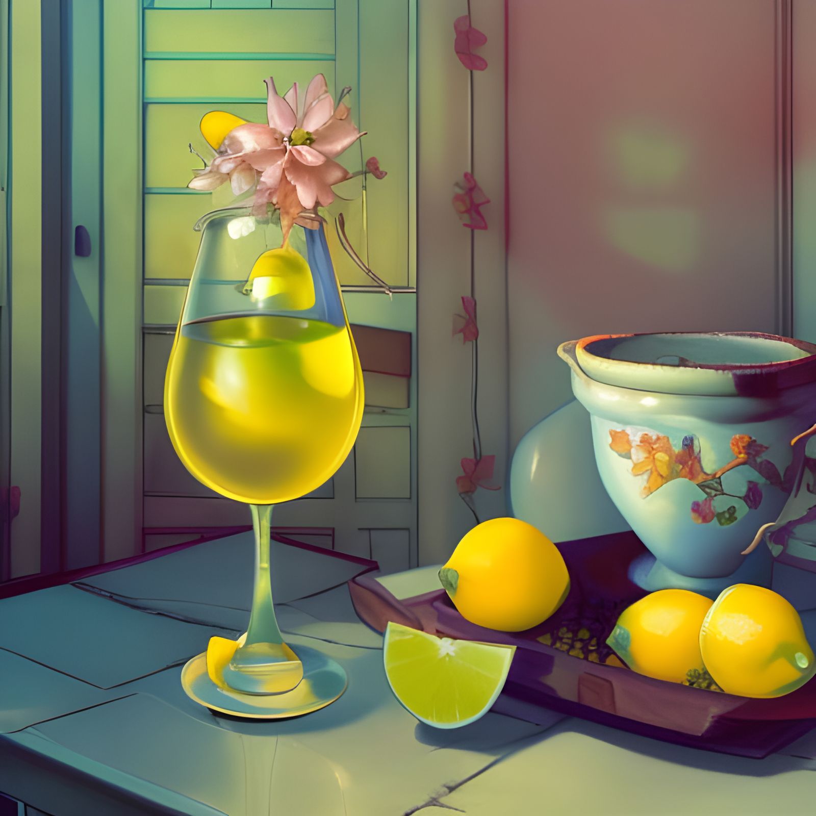 Anime Still Life with Lemon Wine and Flowers