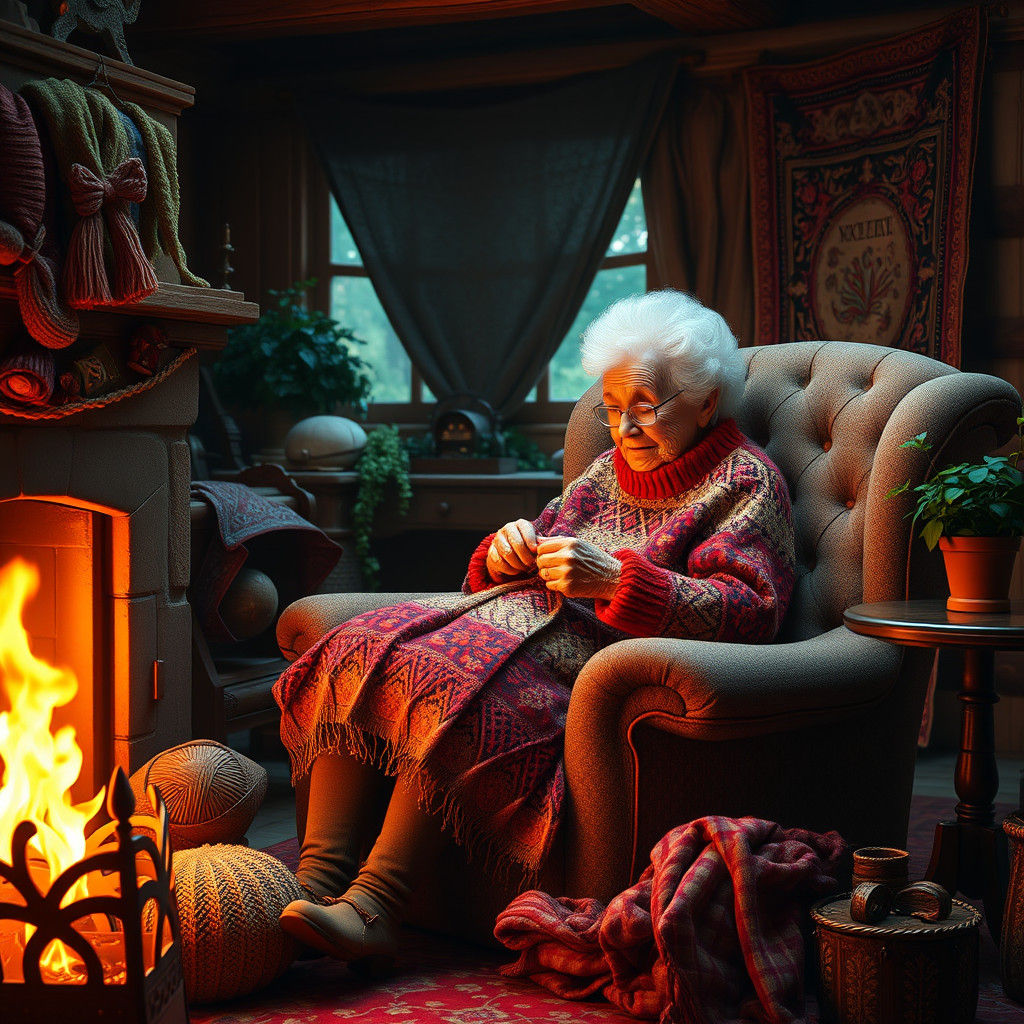 Grandmother Knitting Sweater in Atmospheric Realism Style