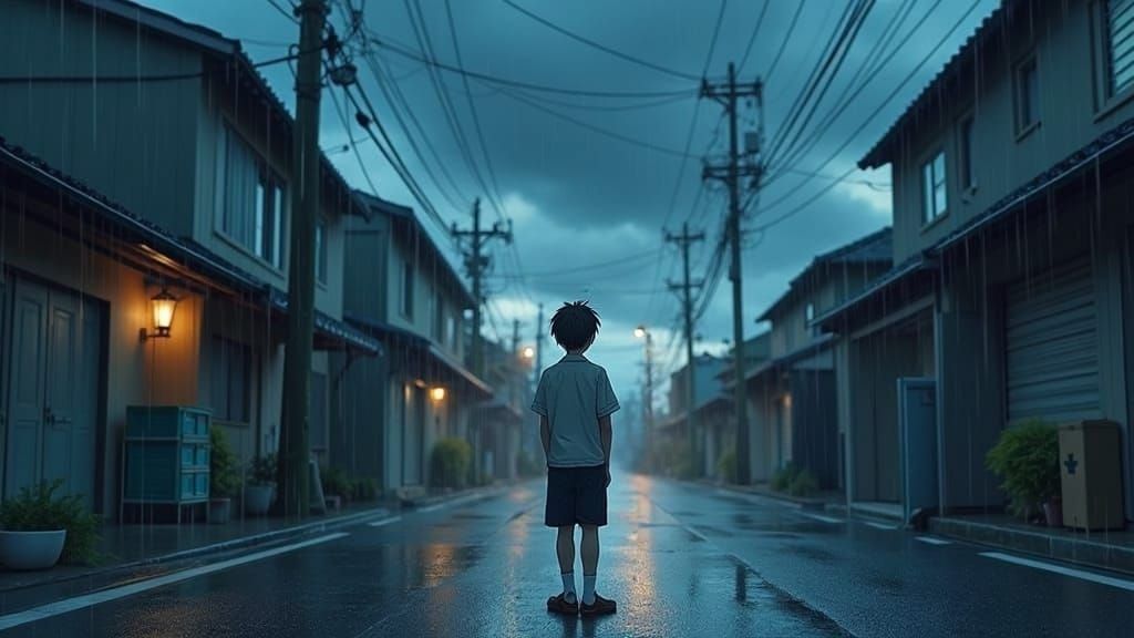 Anime Style Boy in Rainy Street