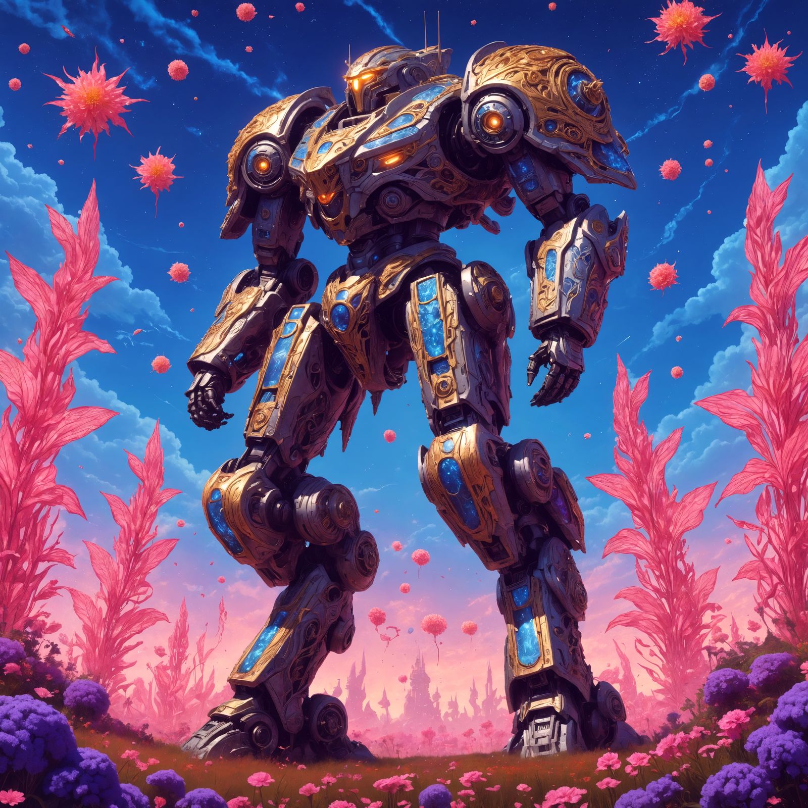 Armored Paladin Mech in Alien Flora, Surreal Landscape