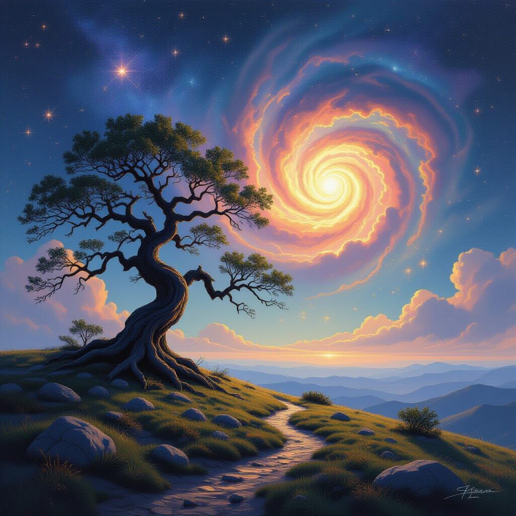 Ancient Tree Under Swirling Nebula in Oil Painting Style