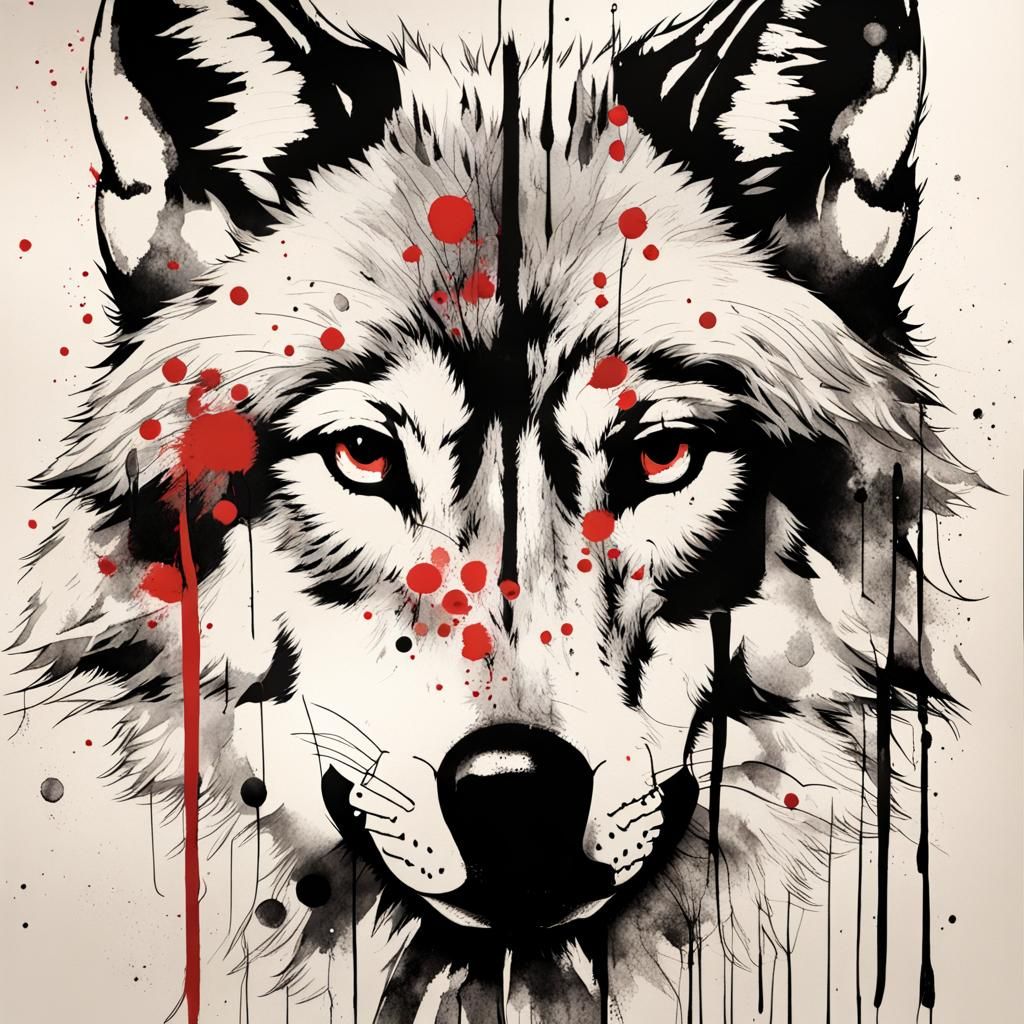 Wolf Illustration in Trash Polka Style