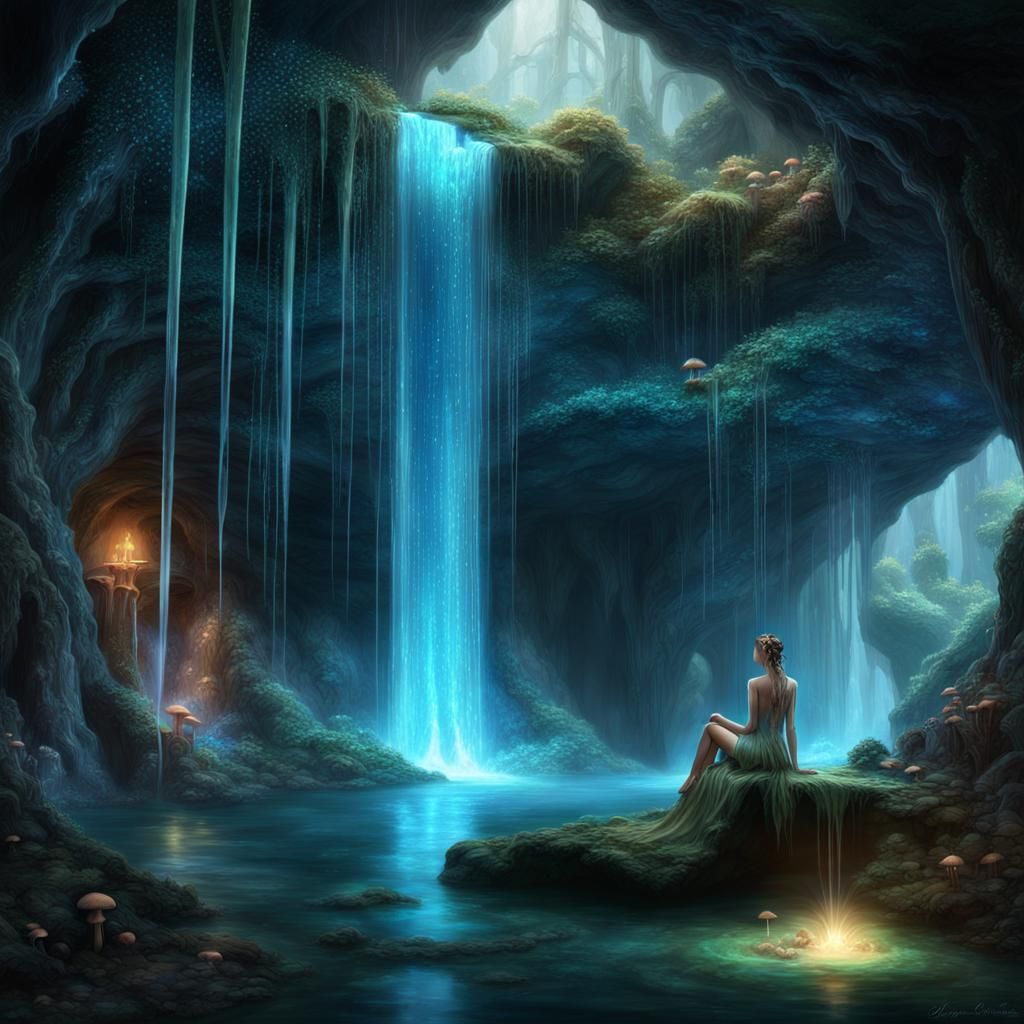 Opal Waterfall in Crystalline Cave with Fairy