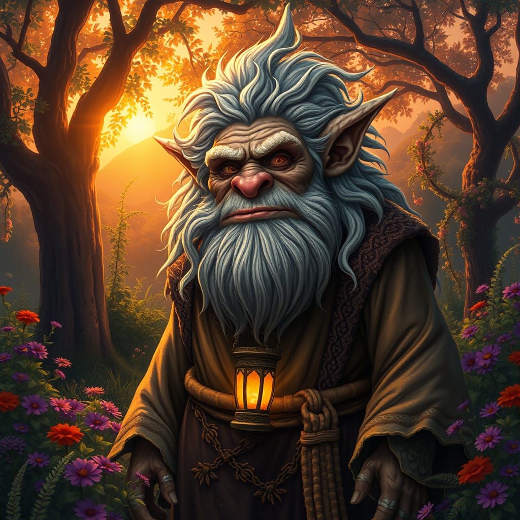 Majestic Troll Emerges from Ancient Garden at Dusk