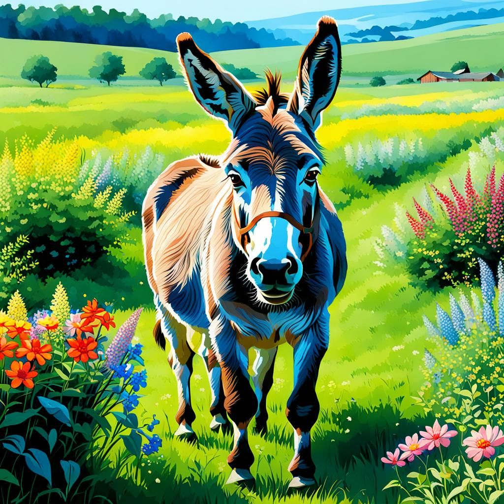 Donkey in Flower Field