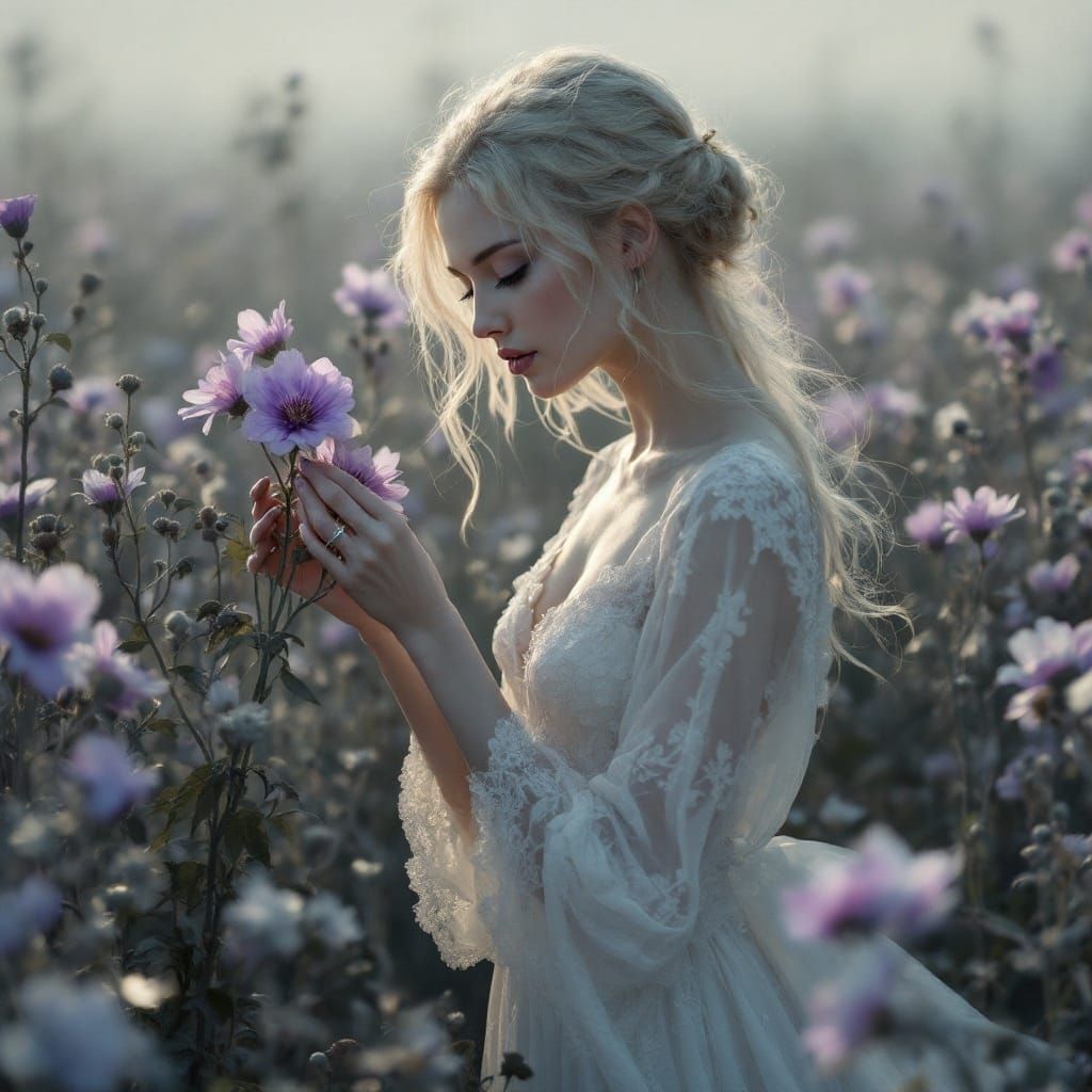 Ethereal Maiden in a Desolate Floral Landscape