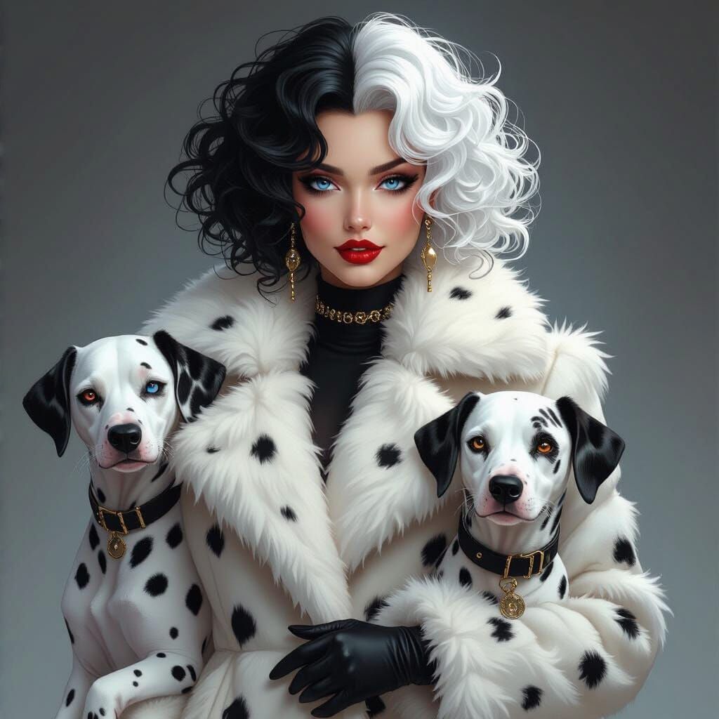 Woman With Dalmatians and Spotted Coat