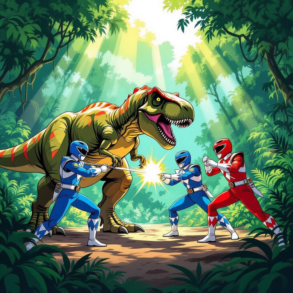 Power Rangers Battle T-Rex in Jurassic Park Comic Style