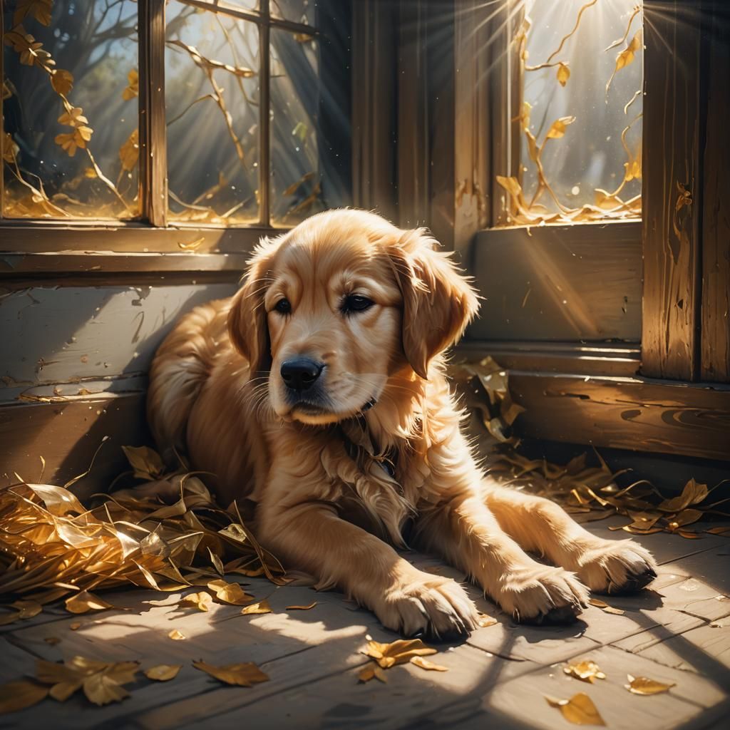 Sleeping Golden Retriever Puppy Oil Painting