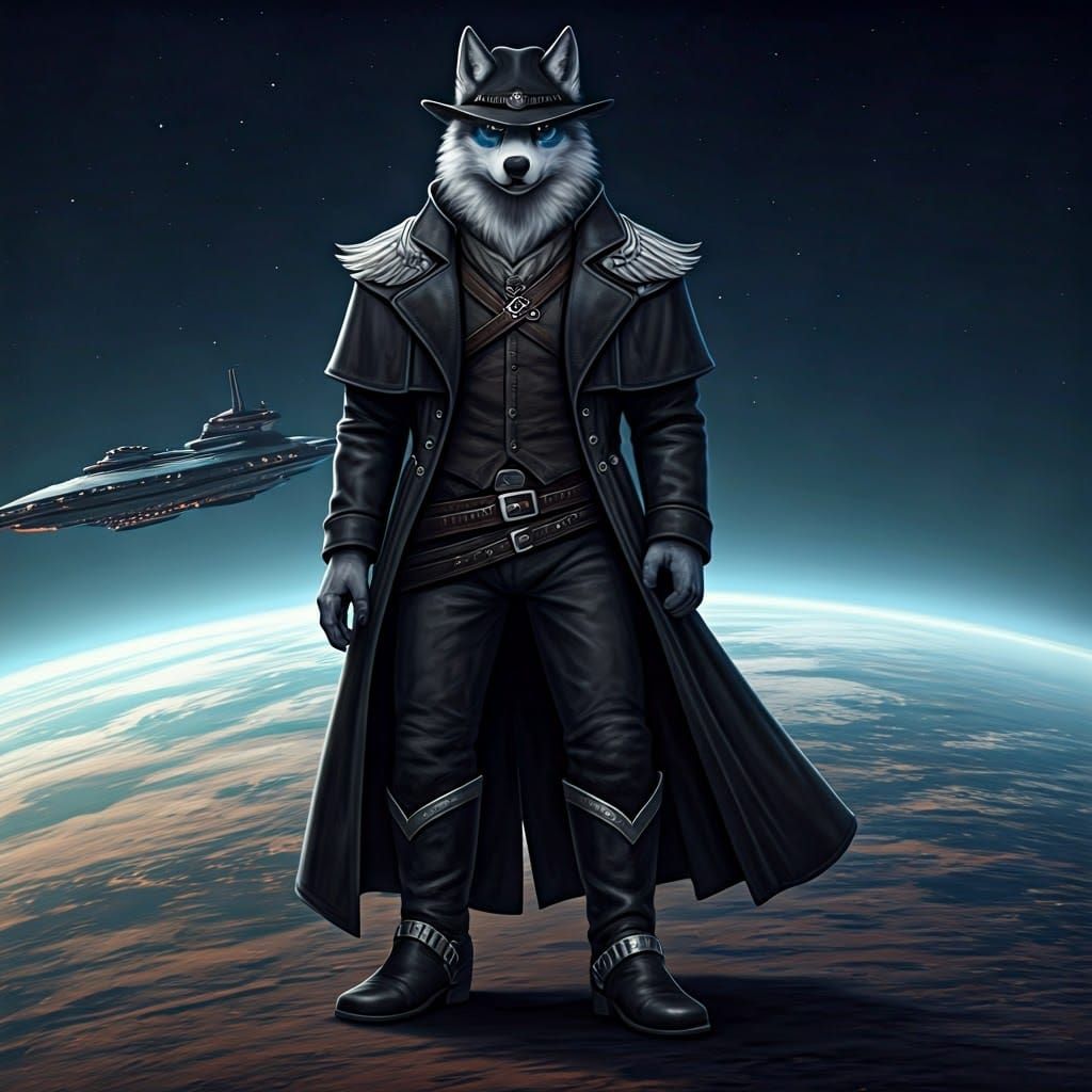 Cyberpunk-Style Alien Wolf in Tall Duster Coat and Gambler H...
