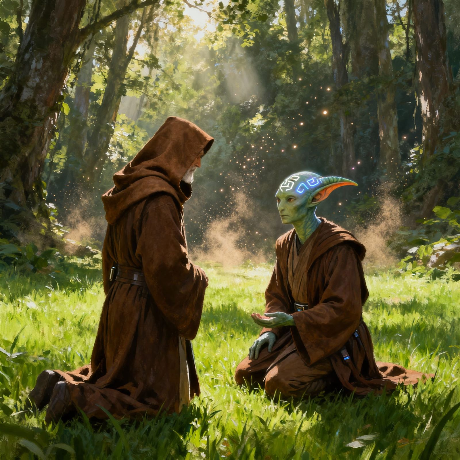 Jedi Master and Apprentice in Forest Clearing