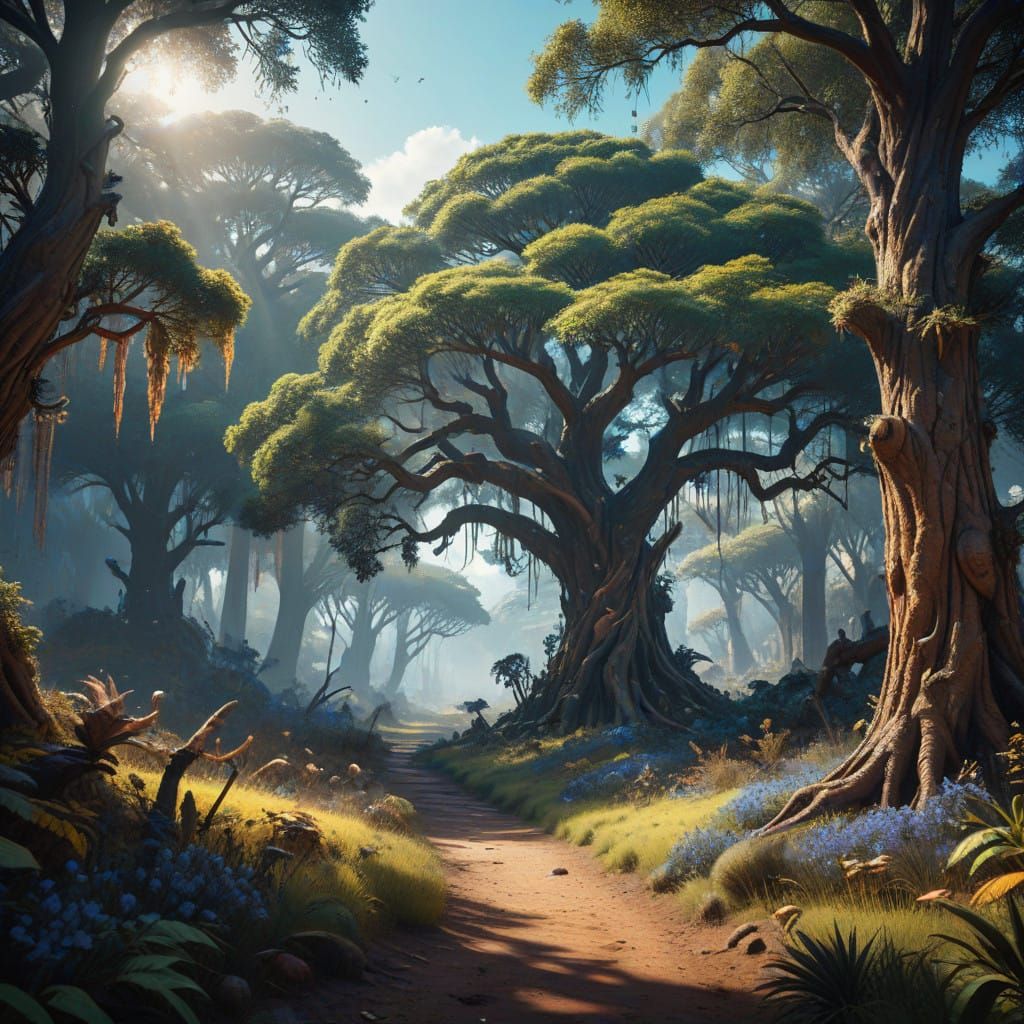 Savannah Landscape with Majestic Acacia Trees in Vibrant Win...