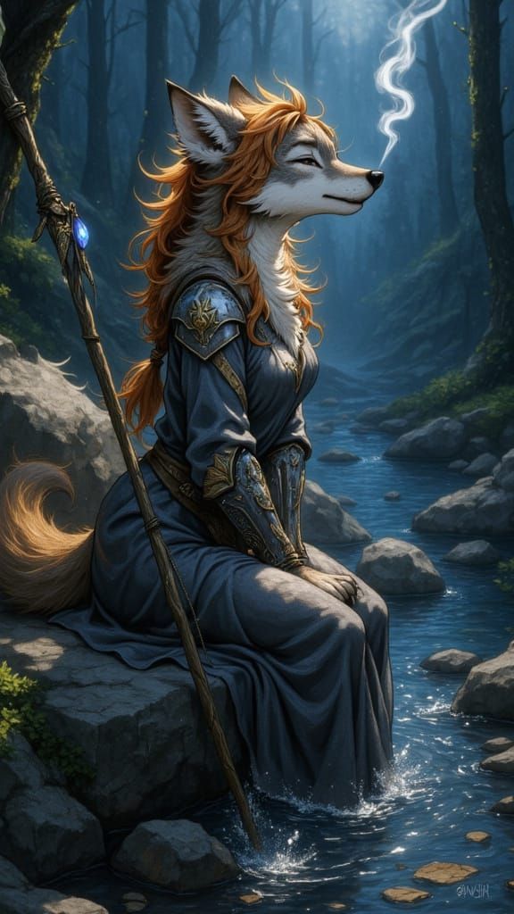 Furry Wolf Knight in Fantasy Forest