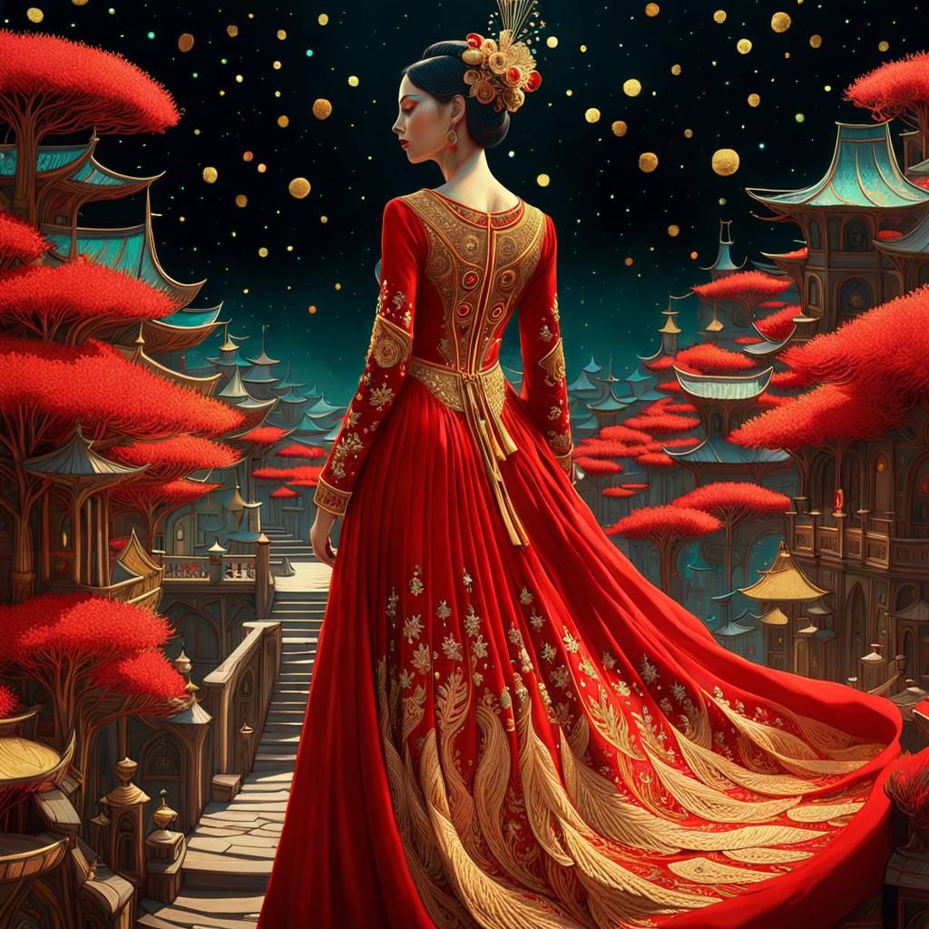 Whimsical Embroidered Dress in Red and Gold